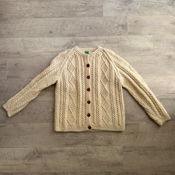 Vintage Mary Smith Hand Knitted Wool Ireland Fisherman's Cable Sweater Cardigan - Picture 5 of 15